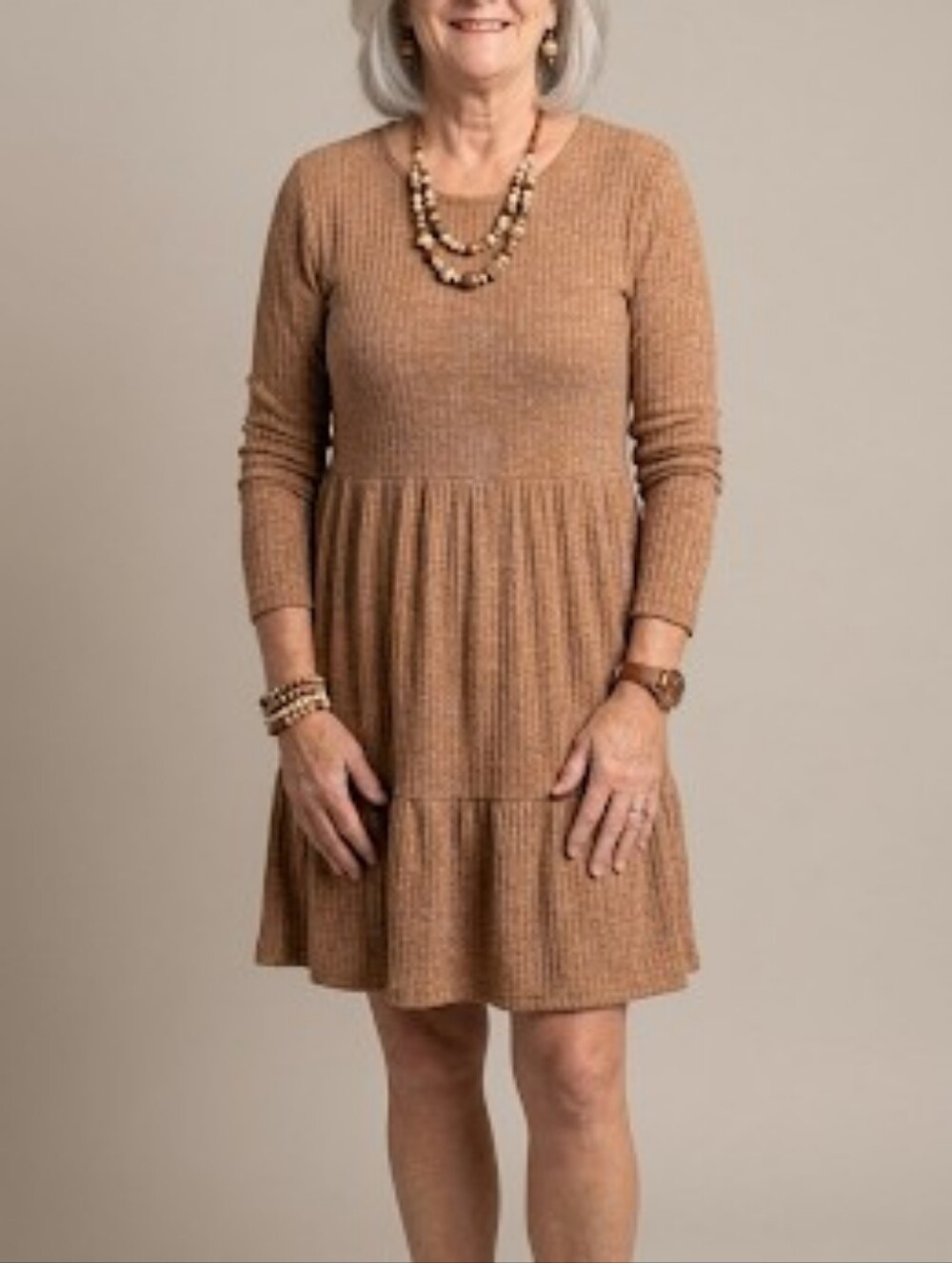 BRAND NEW Heathered Taupe, Mocha Brown Ribbed Long Sleeve Flounce Dress